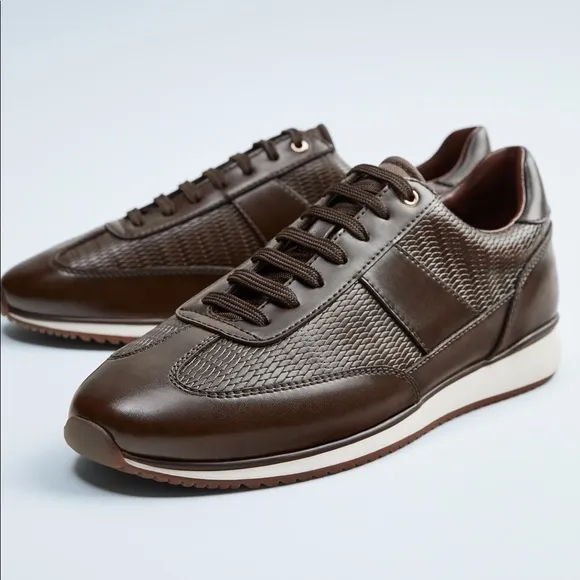 NWOT. Zara Dark Brown Embosses Sneakers. Size 10.