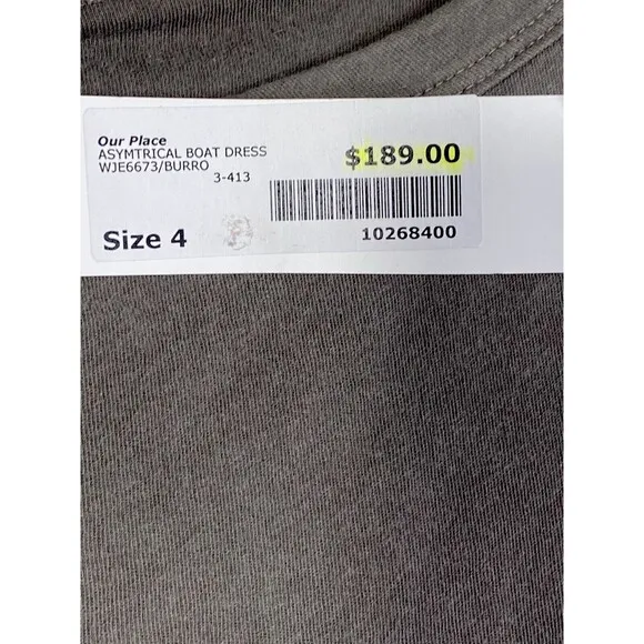 NWT $189 James Perse Standard SIZE 4/XL Gray Boat Neck Dress  Long Sleeve RUCHED