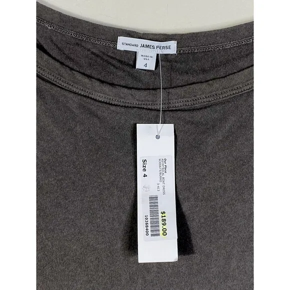 NWT $189 James Perse Standard SIZE 4/XL Gray Boat Neck Dress  Long Sleeve RUCHED