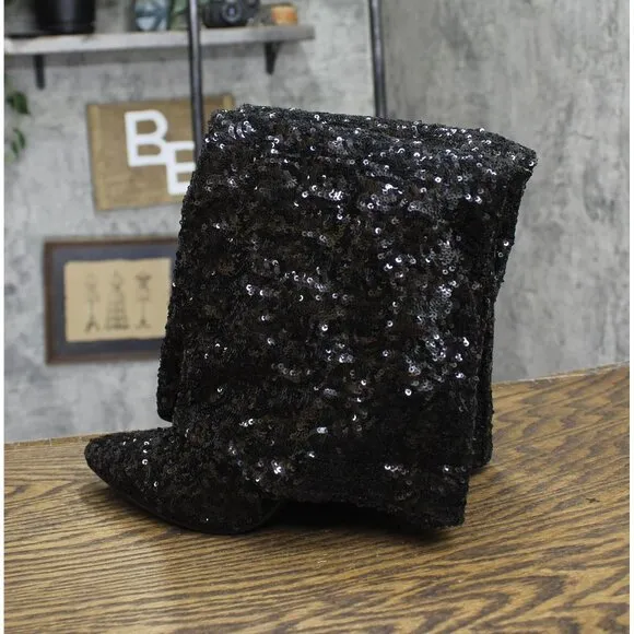 NWT a new day Womens Abba Sequin Foldover Tall Boots 91636693 Black 7.5M