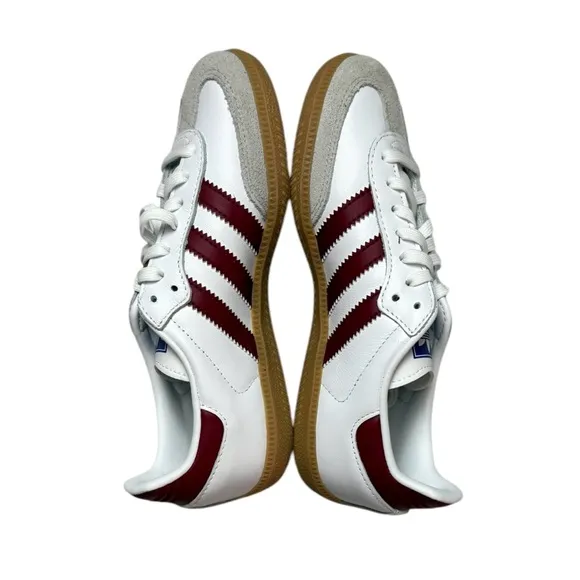NWT Adidas Originals Samba sneakers in white, tan, and maroon. Size 2