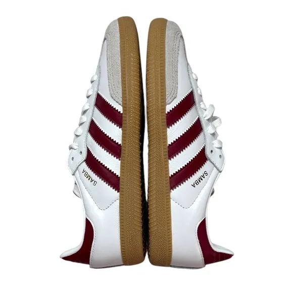 NWT Adidas Originals Samba sneakers in white, tan, and maroon. Size 2