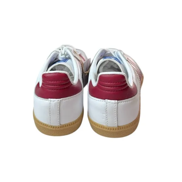 NWT Adidas Originals Samba sneakers in white, tan, and maroon. Size 2