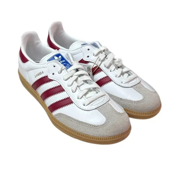 NWT Adidas Originals Samba sneakers in white, tan, and maroon. Size 2