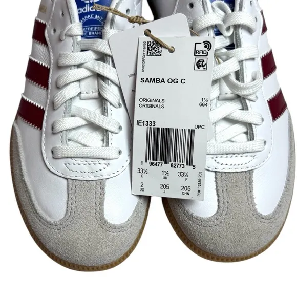 NWT Adidas Originals Samba sneakers in white, tan, and maroon. Size 2