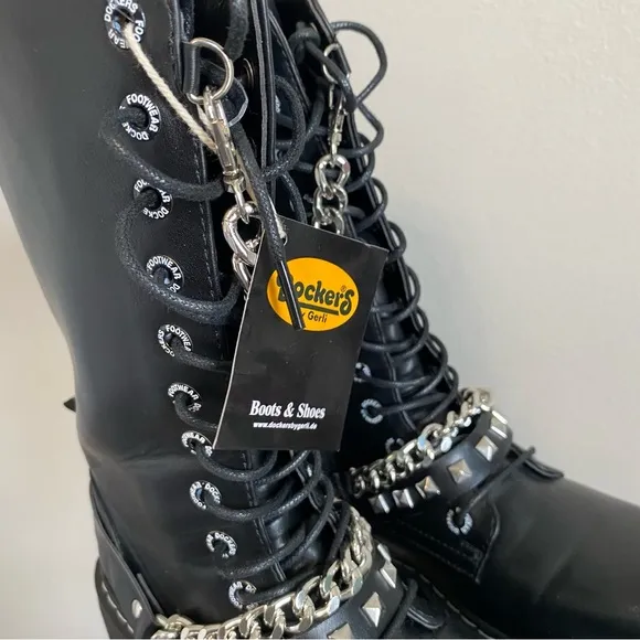 NWT Dockers by Gerli Black Silver Chain Mid Calf Combat Boots Size 37/US 6.5