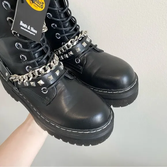 NWT Dockers by Gerli Black Silver Chain Mid Calf Combat Boots Size 37/US 6.5