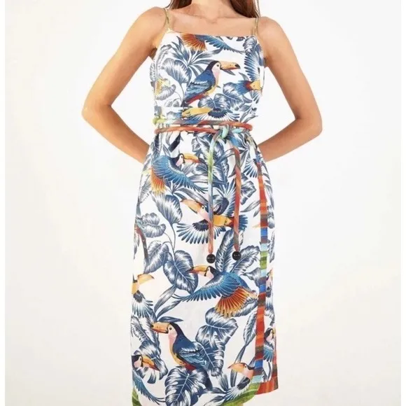 NWT Farm Rio Flying Toucans Tropical Print Open Back Midi Dress XS (0-2) Summer