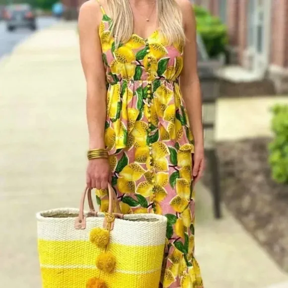 NWT Farm Rio Fresh Lemons Ruffle Peplum Linen Blend Fruits Midi Dress Size XS