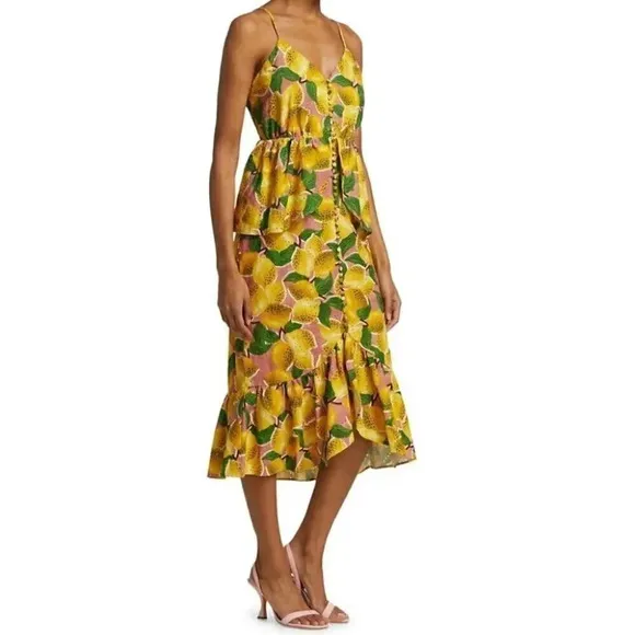 NWT Farm Rio Fresh Lemons Ruffle Peplum Linen Blend Fruits Midi Dress Size XS