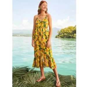 NWT Farm Rio Fresh Lemons Ruffle Peplum Linen Blend Fruits Midi Dress Size XS