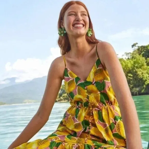 NWT Farm Rio Fresh Lemons Ruffle Peplum Linen Blend Fruits Midi Dress Size XS