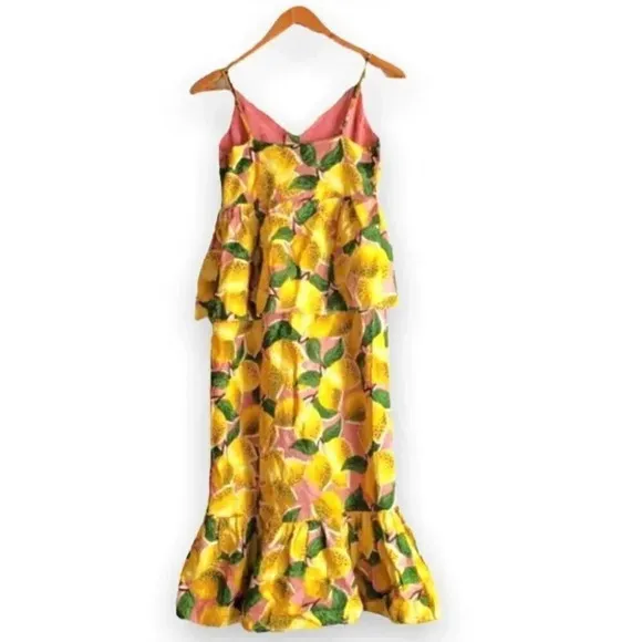 NWT Farm Rio Fresh Lemons Ruffle Peplum Linen Blend Fruits Midi Dress Size XS