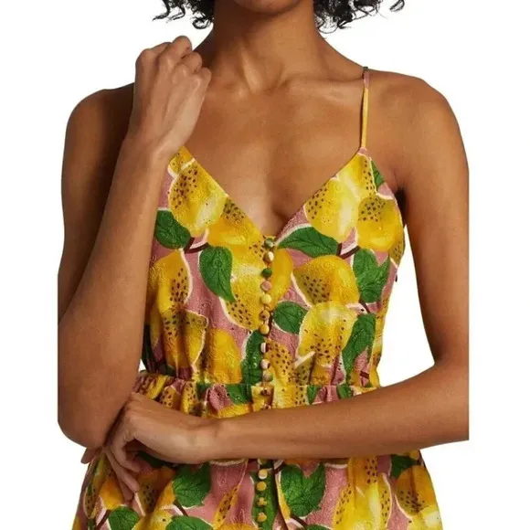 NWT Farm Rio Fresh Lemons Ruffle Peplum Linen Blend Fruits Midi Dress Size XS