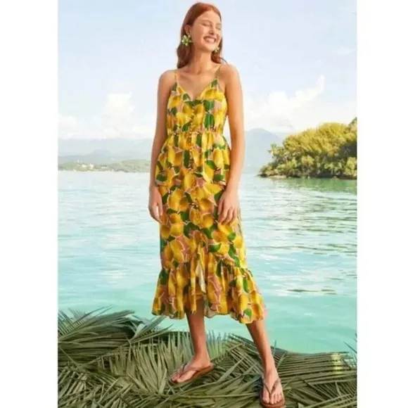 NWT Farm Rio Fresh Lemons Ruffle Peplum Linen Blend Fruits Midi Dress Size XS