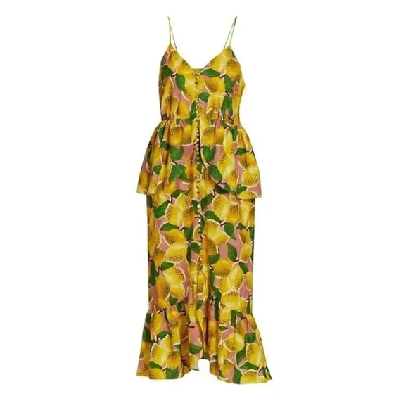 NWT Farm Rio Fresh Lemons Ruffle Peplum Linen Blend Fruits Midi Dress Size XS