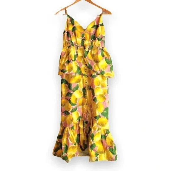 NWT Farm Rio Fresh Lemons Ruffle Peplum Linen Blend Fruits Midi Dress Size XS