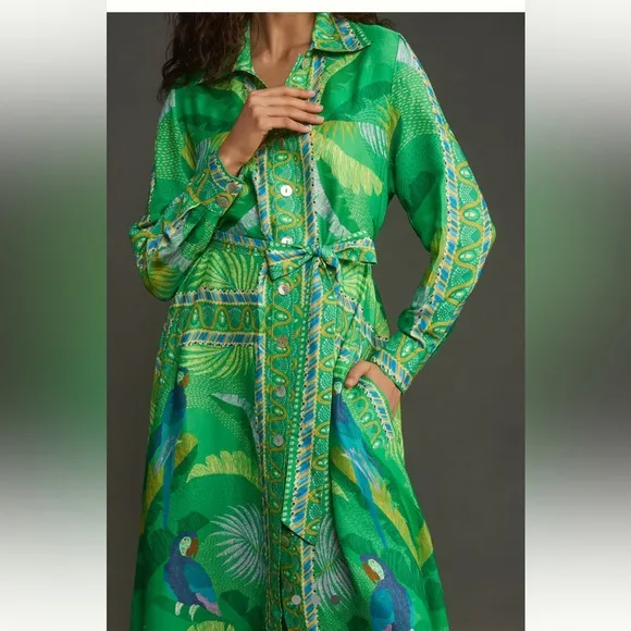 NWT Farm Rio green Macaw Scarf  chemise midi dress