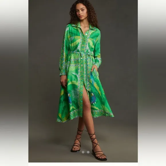 NWT Farm Rio green Macaw Scarf  chemise midi dress
