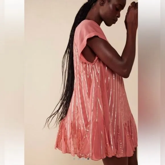NWT Free People Mint Julep Mini Dress $168 MEDIUM Coral SEQUINED