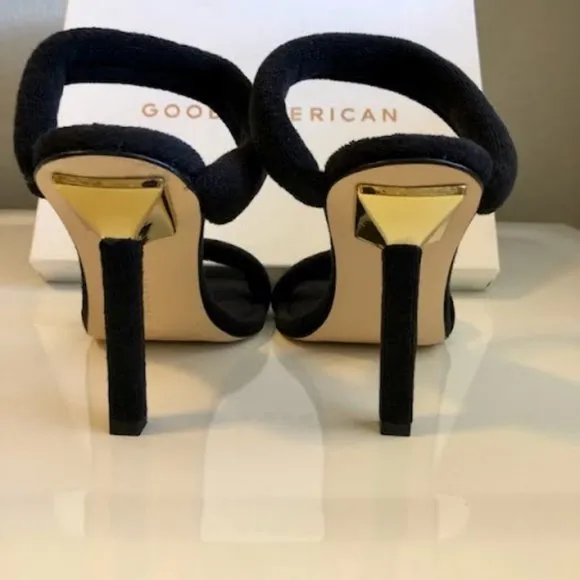 NWT GOOD AMERICAN Black Terry Cloth &amp; Gold Stiletto Heeled Sandals SZ 8