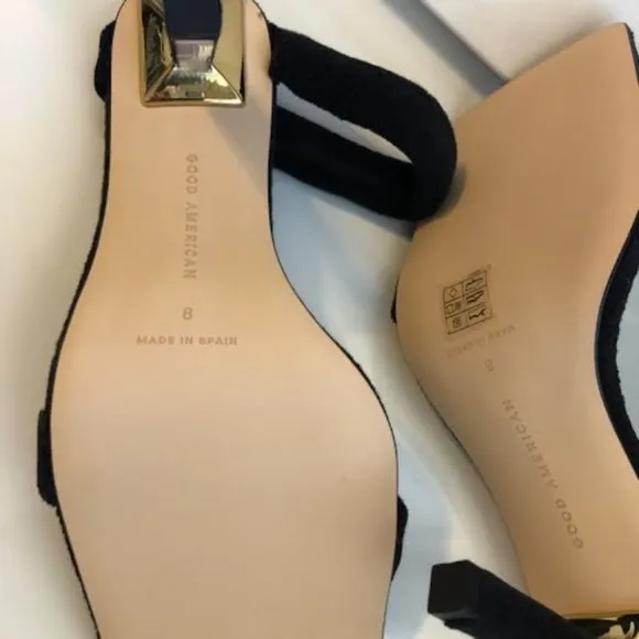 NWT GOOD AMERICAN Black Terry Cloth &amp; Gold Stiletto Heeled Sandals SZ 8