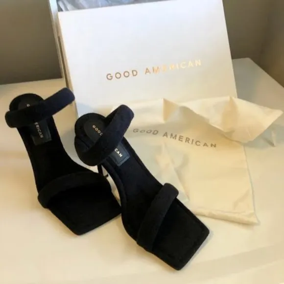 NWT GOOD AMERICAN Black Terry Cloth &amp; Gold Stiletto Heeled Sandals SZ 8