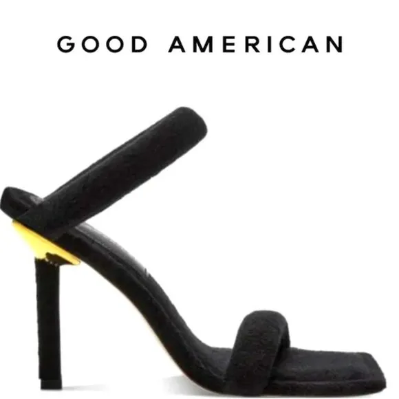 NWT GOOD AMERICAN Black Terry Cloth &amp; Gold Stiletto Heeled Sandals SZ 8