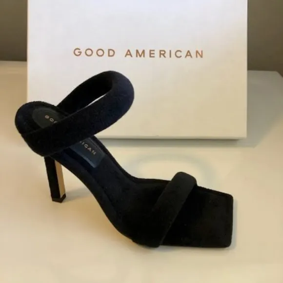 NWT GOOD AMERICAN Black Terry Cloth &amp; Gold Stiletto Heeled Sandals SZ 8