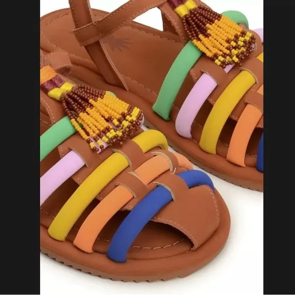 NWT in BOX FARM Rio Rainbow Beaded Tassel Vegan Sandals Sz 7 dust bag reg $225