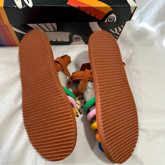 NWT in BOX FARM Rio Rainbow Beaded Tassel Vegan Sandals Sz 7 dust bag reg $225