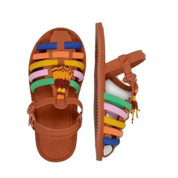 NWT in BOX FARM Rio Rainbow Beaded Tassel Vegan Sandals Sz 7 dust bag reg $225