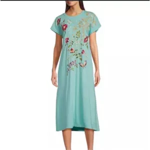 NWT Johnny Was Osaka Relaxed Fit Knit Dress Light Blue Long Embroidered Medium
