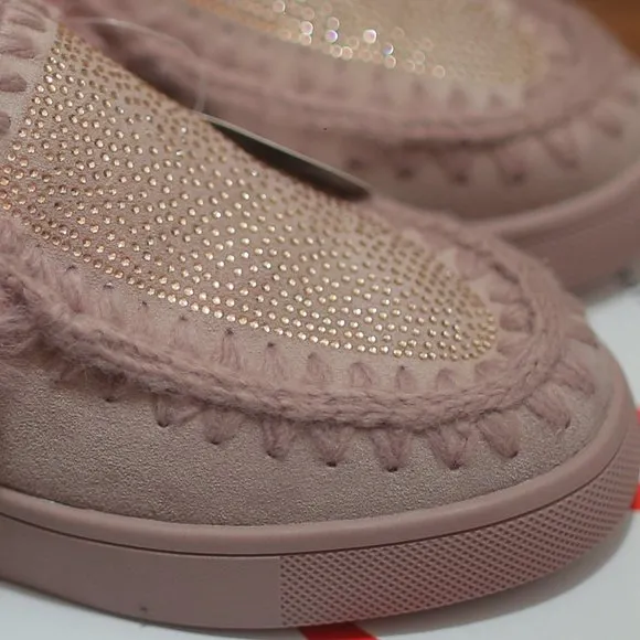 NWT Pink Embellished Waterproof Faux-Fur &amp; Genuine Suede Mocassin Sneakers.