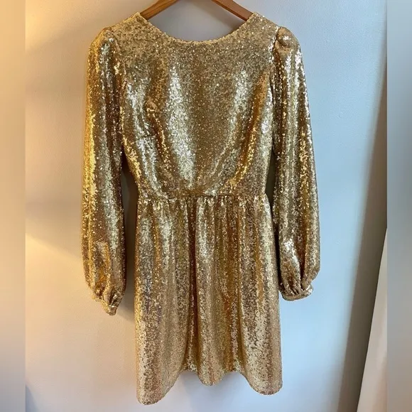 NWT Saloni Camille Gold Sequin Long Sleeve Open Back Tulle Mini Dress, UK 6 US 2