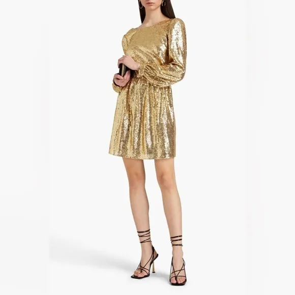 NWT Saloni Camille Gold Sequin Long Sleeve Open Back Tulle Mini Dress, UK 6 US 2