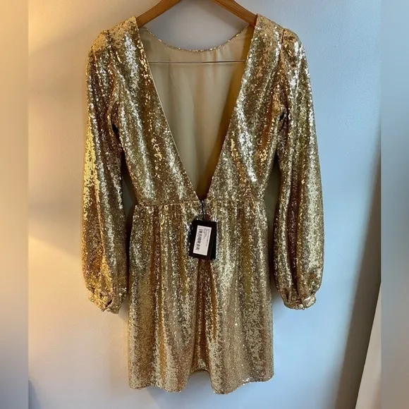 NWT Saloni Camille Gold Sequin Long Sleeve Open Back Tulle Mini Dress, UK 6 US 2