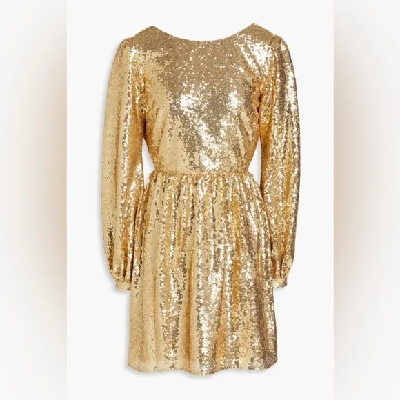 NWT Saloni Camille Gold Sequin Long Sleeve Open Back Tulle Mini Dress, UK 6 US 2