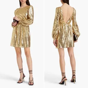 NWT Saloni Camille Gold Sequin Long Sleeve Open Back Tulle Mini Dress, UK 6 US 2