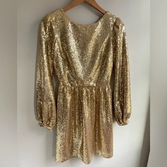 NWT Saloni Camille Gold Sequin Long Sleeve Open Back Tulle Mini Dress, UK 6 US 2