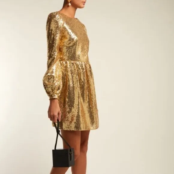 NWT Saloni Camille Gold Sequin Long Sleeve Open Back Tulle Mini Dress, UK 6 US 2