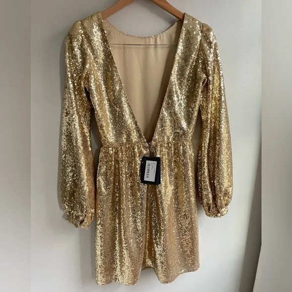 NWT Saloni Camille Gold Sequin Long Sleeve Open Back Tulle Mini Dress, UK 6 US 2