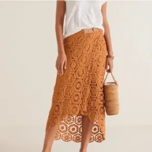 NWT Soft Surroundings Semsi Crochet Wrap Skirt Honey Ginger Rust Lined Hi-Low