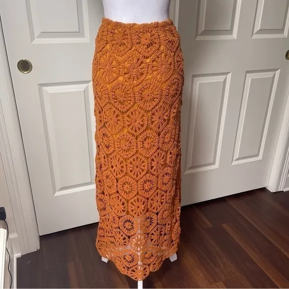 NWT Soft Surroundings Semsi Crochet Wrap Skirt Honey Ginger Rust Lined Hi-Low