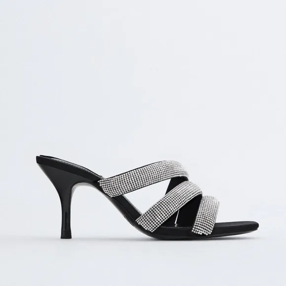 NWT ZARA Sparkly Rhinestone Strap Heeled Sandals 6.5