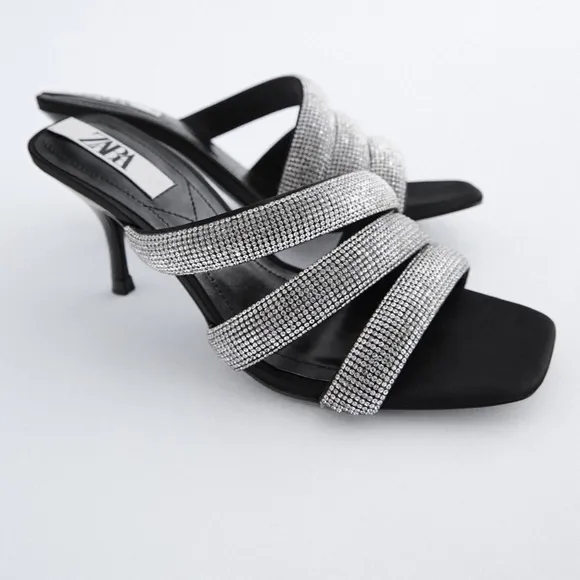 NWT ZARA Sparkly Rhinestone Strap Heeled Sandals 6.5