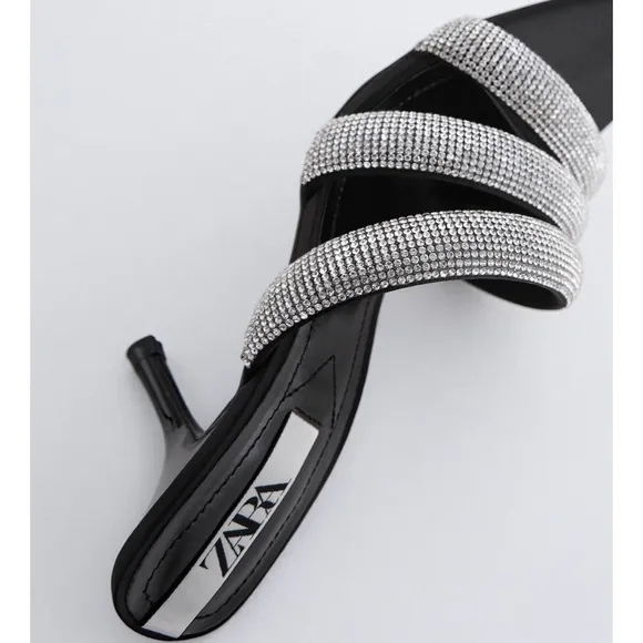 NWT ZARA Sparkly Rhinestone Strap Heeled Sandals 6.5