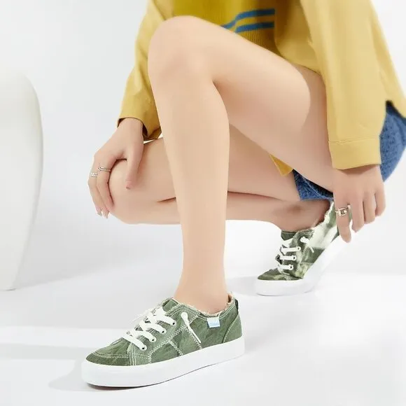 Obtaom Fashion Sneaker Women's Size (5-11) Olive Green Canvas Slip on Lace Up