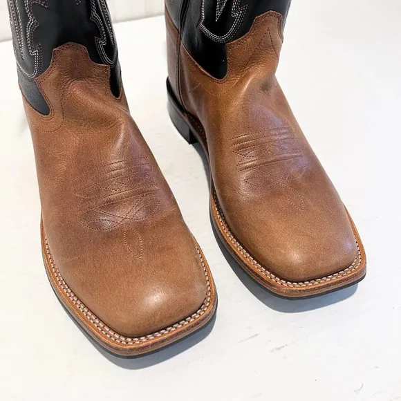 Old West Square Toe Contrast Stitched Leather Western Pull On Cowboy Boots 7