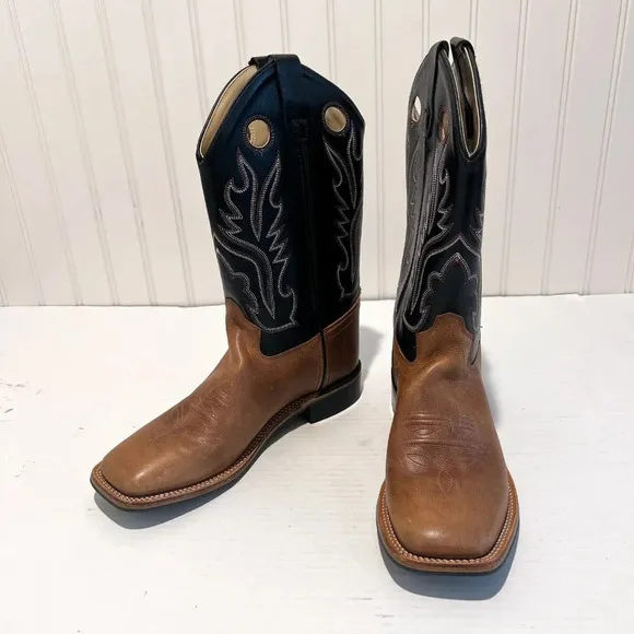 Old West Square Toe Contrast Stitched Leather Western Pull On Cowboy Boots 7